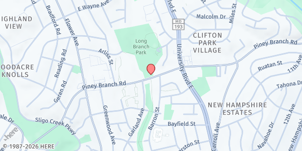 Map showing Long Branch Community Center at 8700 Piney Branch Rd, Silver Spring, MD