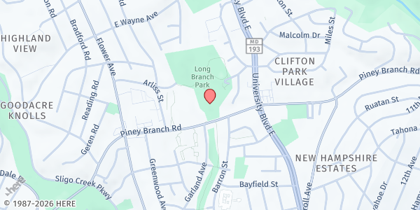Map showing Long Branch Community Center at 8700 Piney Branch Rd., Silver Spring, MD