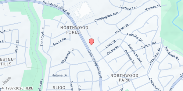 Map showing Luther Rice Memorial Baptist Church at 801 University Blvd. W., Silver Spring, MD