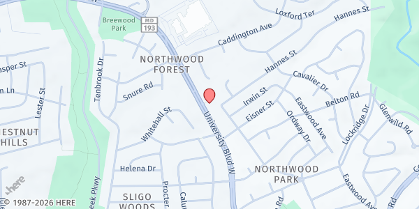 Map showing Luther Rice Neighborhood Center at 801 University Blvd W, Silver Spring, MD
