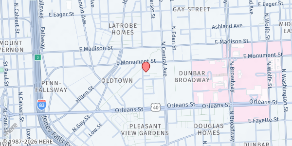 Map showing First Charity Baptist Church at 611 Aisquith Street, Somerset Homes - Monument East, MD