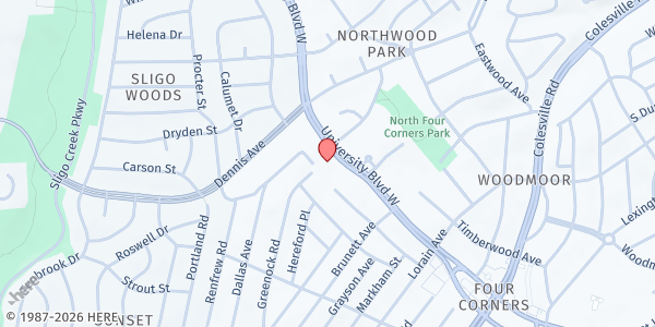 Map showing Feeding the Fridge / Mary's Center at 344 University Boulevard West, South Four Corners, MD