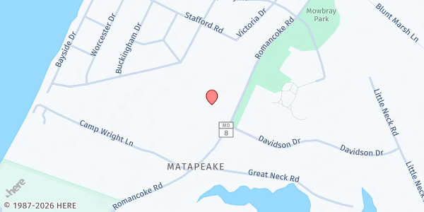 Map showing Living Water Food Bank at 830 Romancoke Road, Stevensville, MD