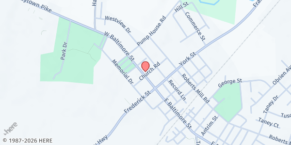 Map showing Trinity Lutheran Church at 38 West Baltimore Street, Taneytown, MD