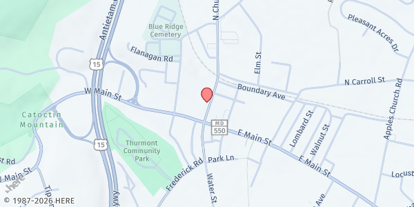 Map showing Thurmont Food Bank at 15 North Church Street, Thurmont, MD