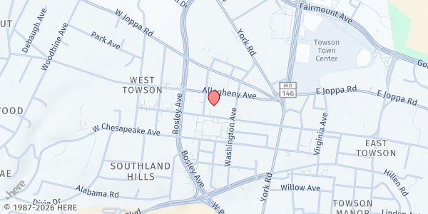Map showing Assistance Center of Towson Churches at 116 W Pennsylvania Ave, Towson, MD