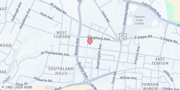 Map showing Assistance Center of Towson Churches at 120 W. Pennsylvania Avenue, Towson, MD