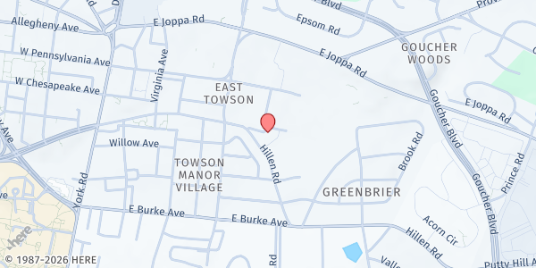 Map showing Mount Calvary AME Church at 300 Eudowood Lane, Towson, MD
