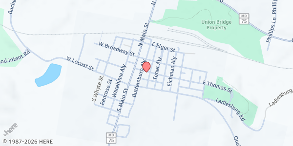 Map showing St. James Lutheran Church, Food Pantry at 14 South Benedum Street, Union Bridge, MD