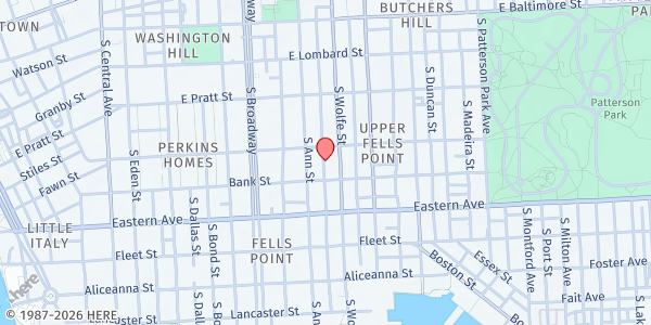 Map showing Barbie Mansion Community Fridge at 315 South Durham Street, Upper Fells Point, MD