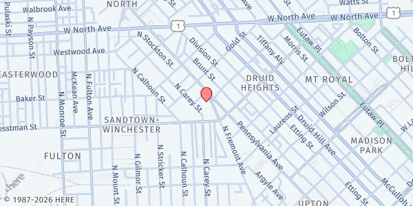 Map showing St. Gregory's Food Pantry - Senior Center Distribution at 1542 North Fremont Avenue, Upton, MD