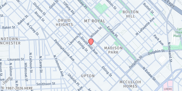 Map showing The Michelle Becote-Jackson Y Fresh Mart at the Y in Druid Hill at 1609 Druid Hill Avenue, Upton, MD