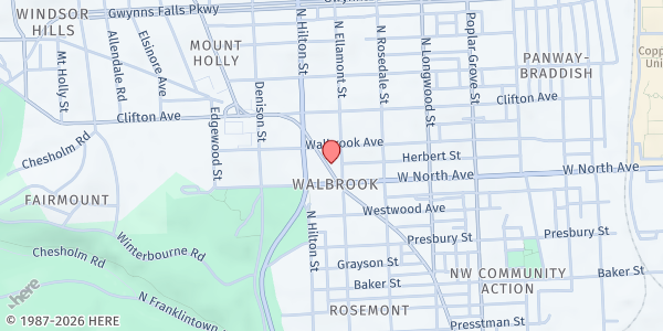 Map showing Mt. Calvary Holy Temple at 1911 Bloomingdale Road, Walbrook, MD