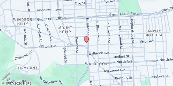 Map showing St. Cecilia's Kitchen at 3300 Clifton Avenue, Walbrook, MD