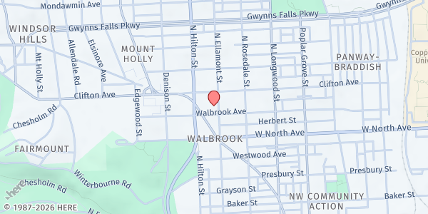 Map showing Trinity Presbyterian Church at 3200 Walbrook Avenue, Walbrook, MD