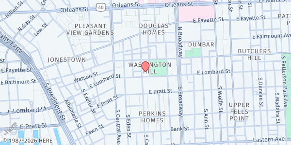 Map showing First Apostolic Faith Church at 27 South Caroline Street, Washington Hill, MD