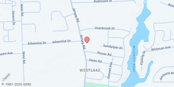 Map showing Mills Memorial Baptist Temple at 1323 Jersy Road, Wellington Estates, MD