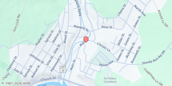 Map showing First Baptist Church at 109 Philos Ave, Westernport, MD