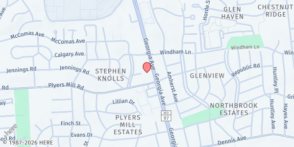 Map showing Hughes United Methodist Church at 10700 Georgia Ave, Wheaton, MD