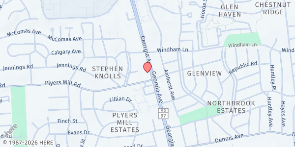 Map showing Hughes United Methodist Church - Mid-County Hub at 10700 Georgia Avenue, Wheaton, MD