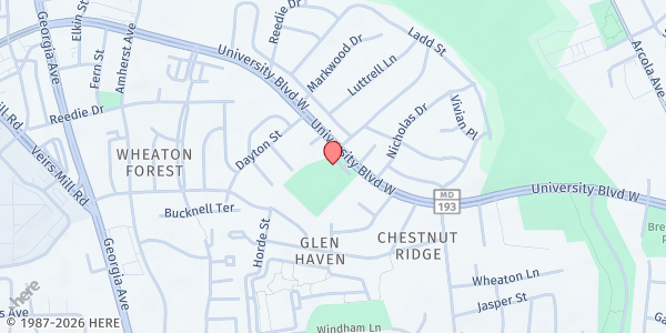 Map showing Wheaton Regional Park at 1700 University Boulevard West, Wheaton, MD