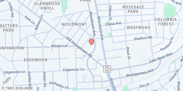 Map showing Bethesda Cares – Meals Program at 7728 Woodmont Avenue, Woodmont Triangle, MD