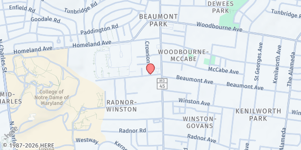 Map showing Bmore Community Fridge - York-Homeland at 454 Notre Dame Lane, York-Homeland, MD