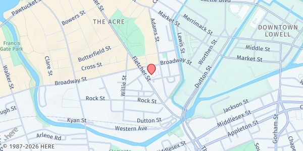 Map showing Lowell Senior Center at 276 Broadway Street, The Acre, MA