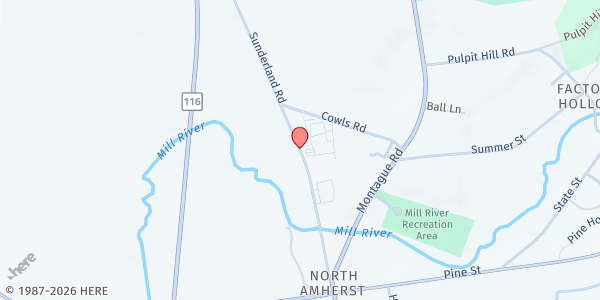 Map showing Amherst Survival Center Senior Mobile Nutrition Program at 138 Sunderland Road, Amherst, MA
