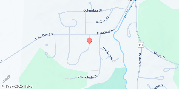 Map showing Boulders Apartment Mobile Food Bank at 125 Brittany Manor Drive, Amherst, MA