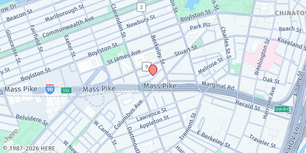 Map showing Boston Living Center at 29 Stanhope Street, Back Bay, MA