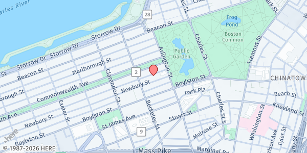 Map showing Ethos Café Emmanuel at 15 Newbury Street, Back Bay, MA