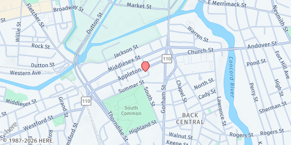 Map showing The Salvation Army Lowell - Food Distribution Center at 150 Appleton Street, Back Central, MA