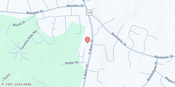 Map showing St. Blaise / Loaves and Fishes Food Pantry at 1158 South Main Street, Bellingham, MA