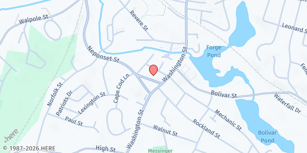 Map showing Rehoboth Baptist Church of Boston at 21 Church Street, Canton, MA