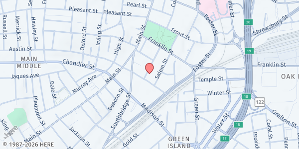 Map showing Worcester Community Fridge (The Printer Building) at 44 Portland Street, Central Business District, MA