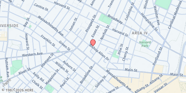 Map showing St. Paul AME Church/Elnora Yard Food Pantry at 85 Bishop Allen Drive, Central Square, MA