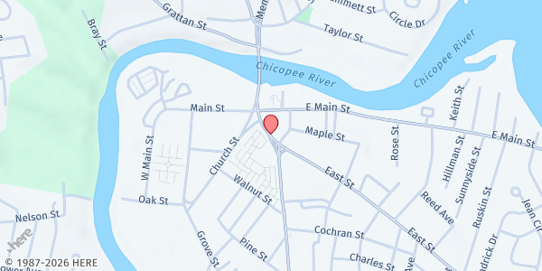 Map showing First Central Bible Church - The Lord's Food Pantry at 50 Broadway Street, Chicopee, MA