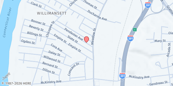 Map showing Lorraine's Soup Kitchen and Pantry at 170 Pendexter Avenue, Chicopee, MA