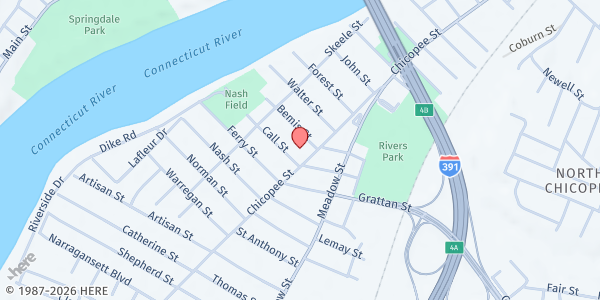 Map showing Lorraine's Soup Kitchen and Pantry Birch Bark Place Mobile Pantry at 630 Chicopee St, Chicopee, MA