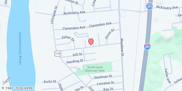 Map showing Lorraine's Soup Kitchen and Pantry - Meeting House at 128 Meeting House Rd, Chicopee, MA