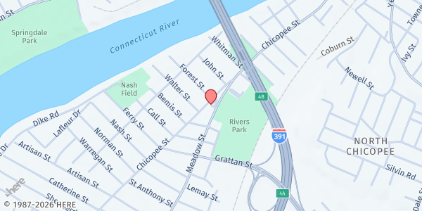 Map showing Lorraine's Soup Kitchen and Pantry Veteran's Housing Mobile Pantry at 40 Meadow St, Chicopee, MA