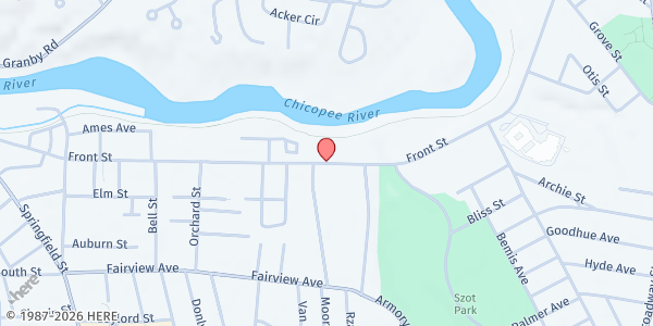 Map showing Mission Center New Jerusalem One Way Outreach Pantry at 625 Front Street, Chicopee, MA