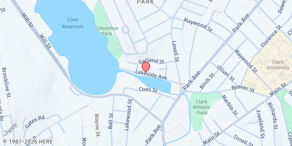 Map showing South Worcester Neighborhood Center - Lakeside Center at 28 Lakeside Avenue, Columbus Park, MA