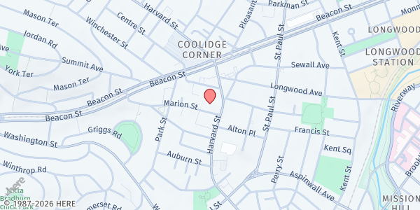 Map showing The Brookline Food Pantry - United Parish Church at 15 Marion Street, Coolidge Corner South Side, MA