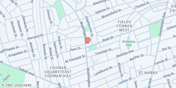 Map showing Codman Square Health Center at 493 Washington Street, Dorchester Center, MA