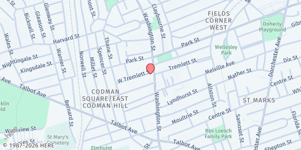 Map showing Full Life Gospel Center at 493 Washington Street, Dorchester Center, MA