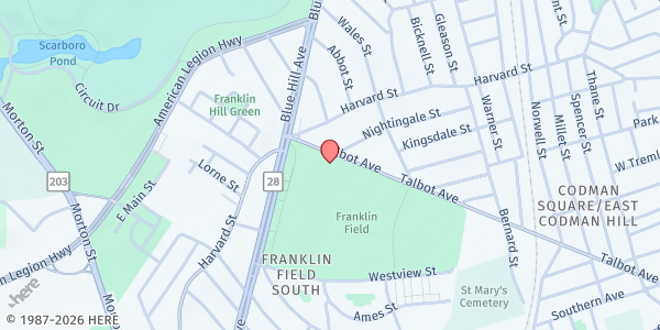 Map showing Blue Hill Boys and Girls Club at 15 Talbot Avenue, Dorchester, MA