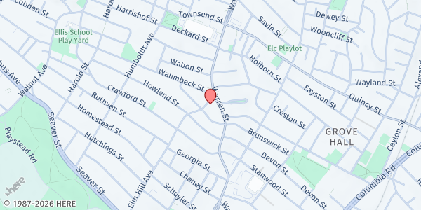 Map showing Charles Street A.M.E. Church at 551 Warren Street, Dorchester, MA