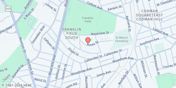 Map showing CWS/Anna M Cole Community Center at 70 Ames Street, Dorchester, MA